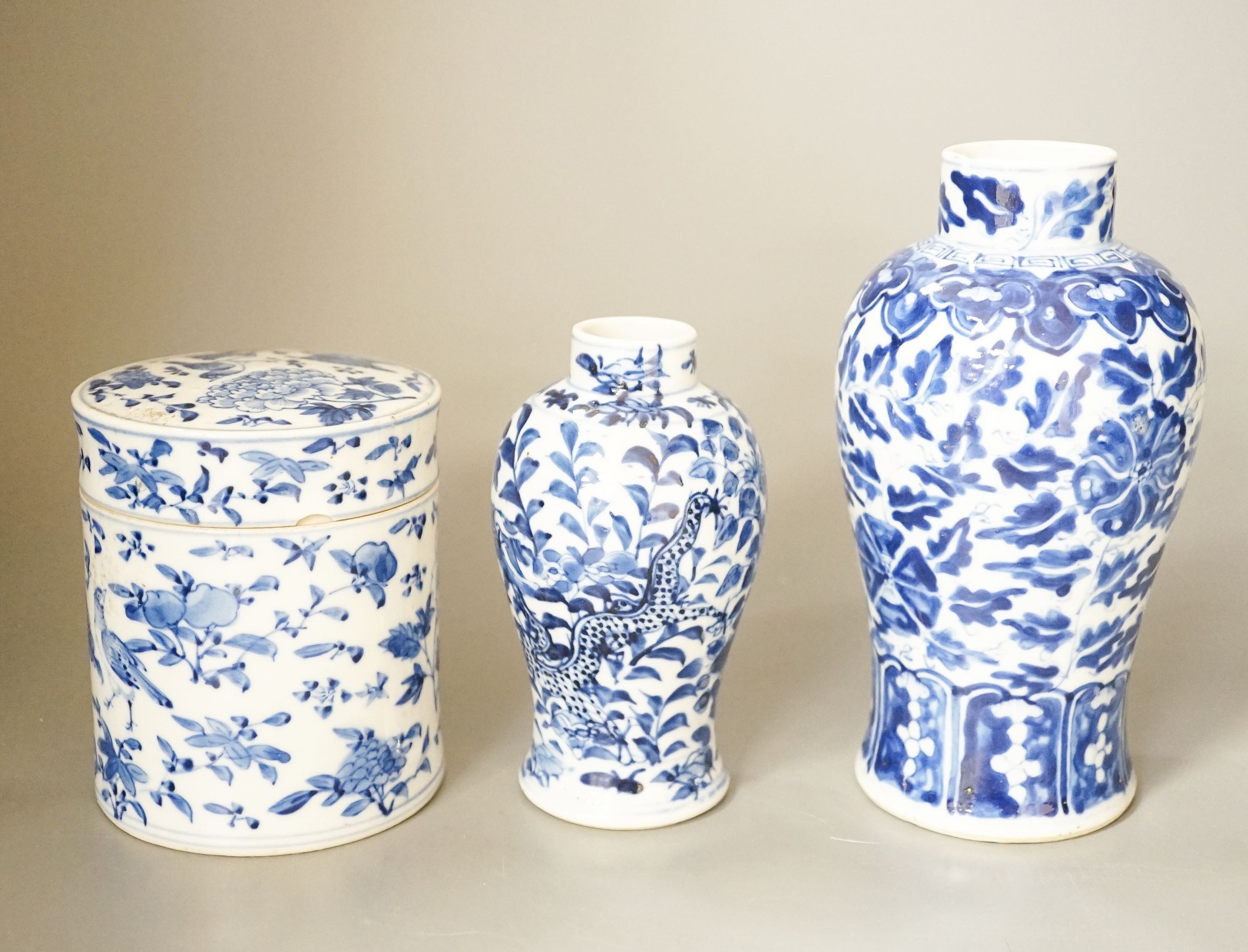 Two 19th century Chinese blue and white vases and a similar box and cover, 19cm